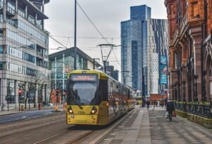 buildings, tram rails, skyscrapers