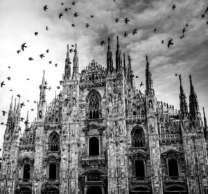 Black and white photo of Milan Cathedral with birds, showcasing Gothic architecture.