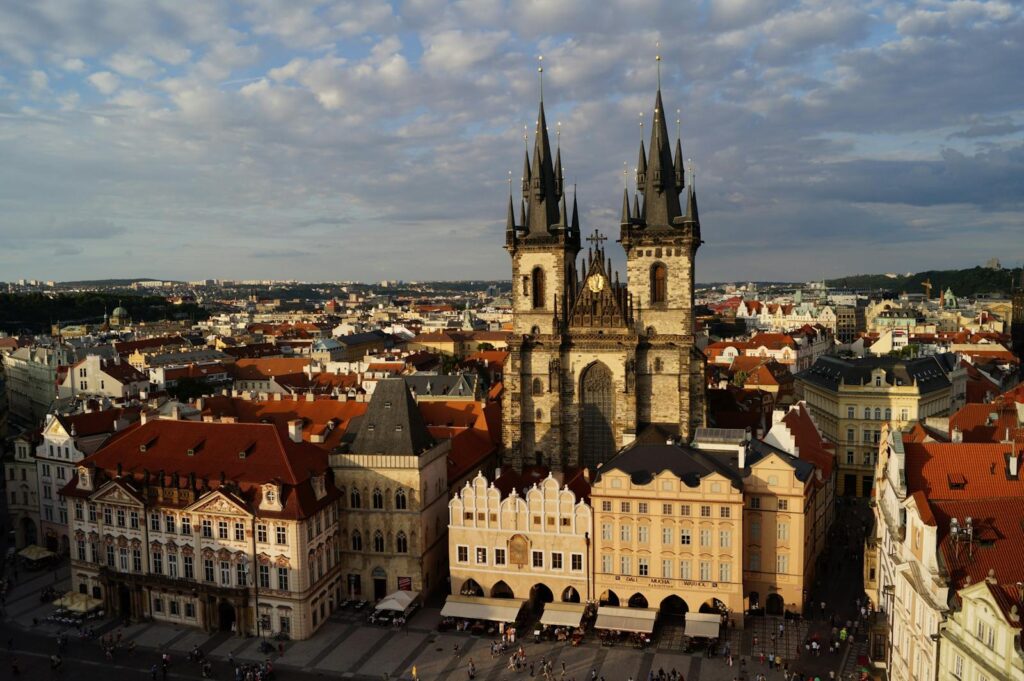 Stunning aerial shot of Prague's Old Town featuring the iconic Church of Our Lady before Tyn.