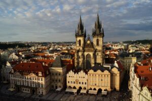 Stunning aerial shot of Prague's Old Town featuring the iconic Church of Our Lady before Tyn.