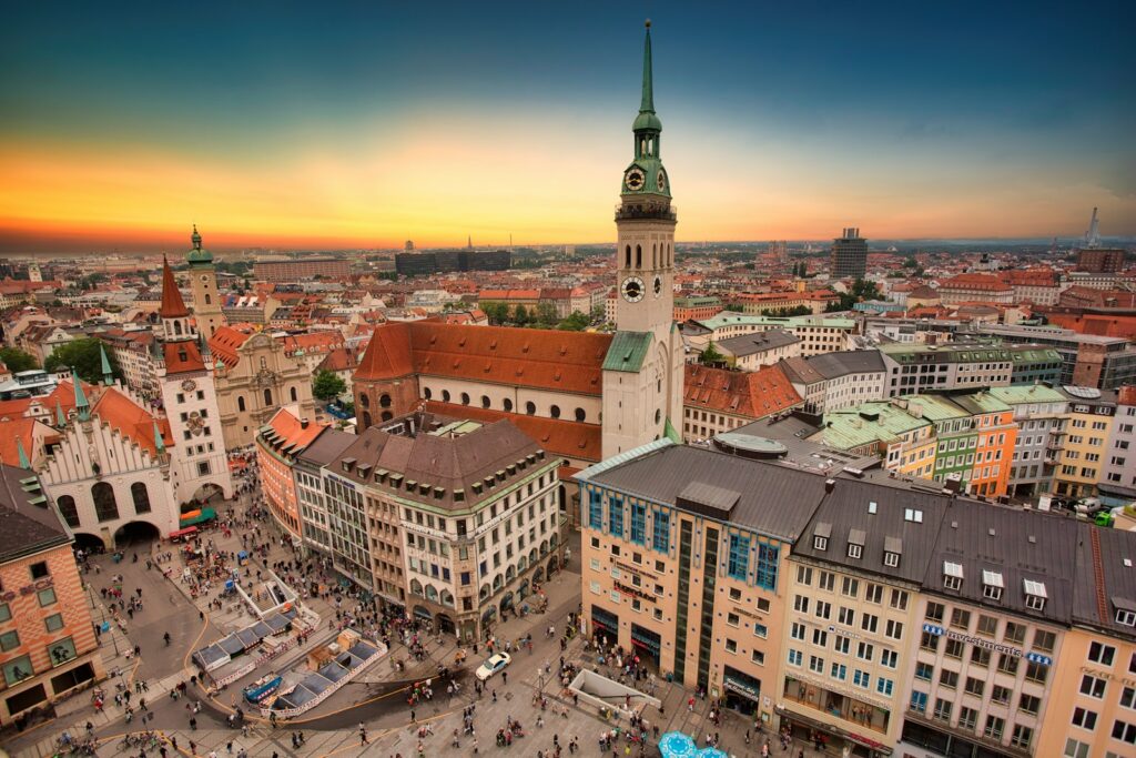 aerial view of city buildings during sunset