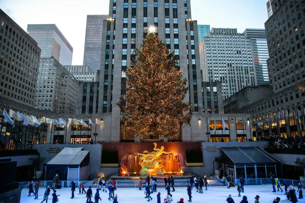 a large christmas tree in a city square