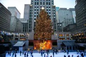 a large christmas tree in a city square
